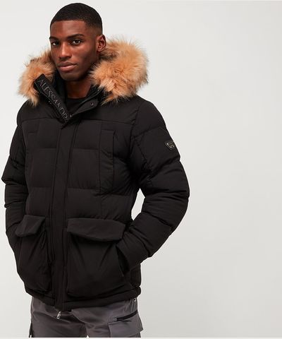 Designer mens parka coats with fur hood on sale