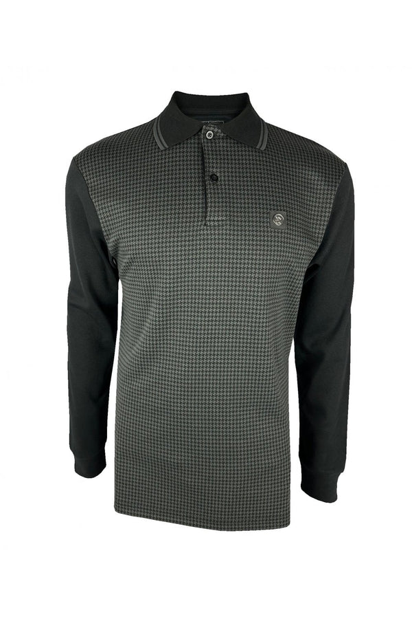 Trojan Houndstooth Panel Long Sleeved Polo Shirt TR/8935 - Black