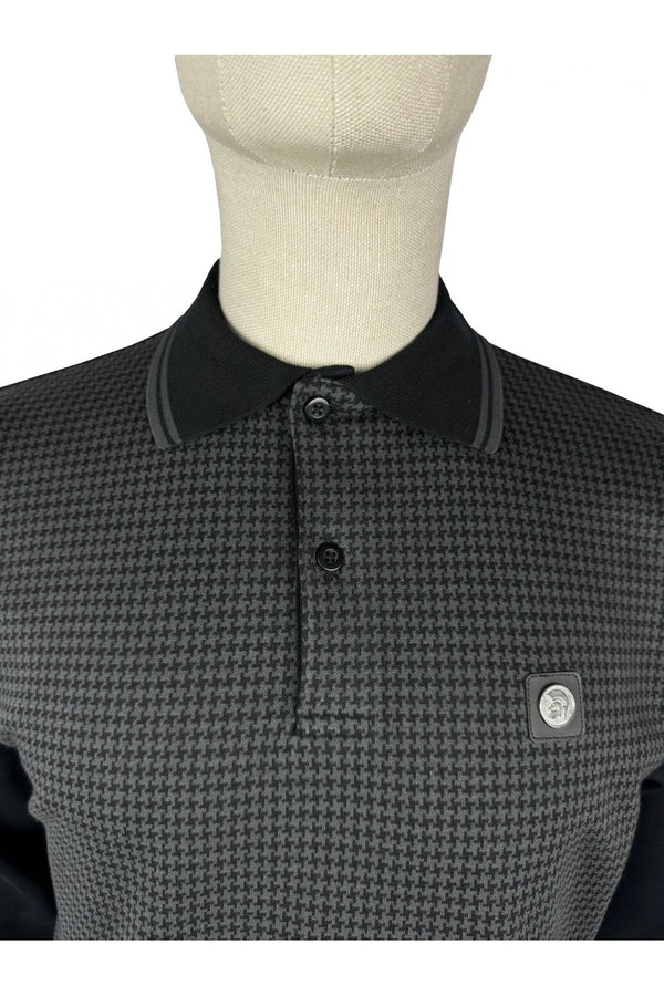 Trojan Houndstooth Panel Long Sleeved Polo Shirt TR/8935 - Black