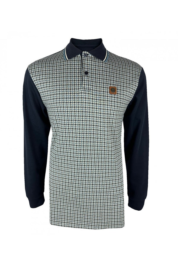 Trojan Houndstooth Panel Long Sleeved Polo Shirt TR/8935 - NAVY