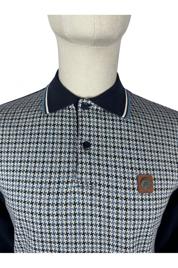 Trojan Houndstooth Panel Long Sleeved Polo Shirt TR/8935 - NAVY