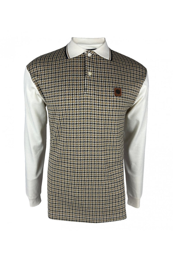 Trojan Houndstooth Panel Long Sleeved Polo Shirt TR/8935 - ECRU