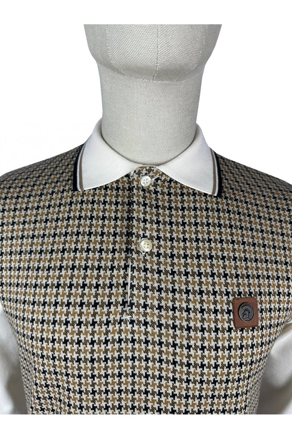 Trojan Houndstooth Panel Long Sleeved Polo Shirt TR/8935 - ECRU